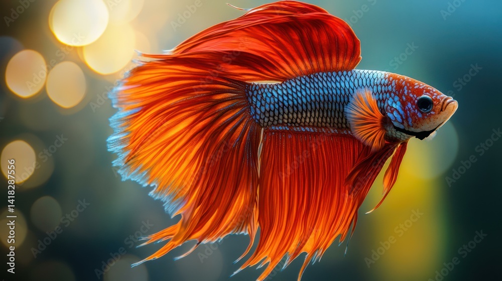 Obraz premium A vibrant red and blue betta fish swims gracefully against a bokeh background.