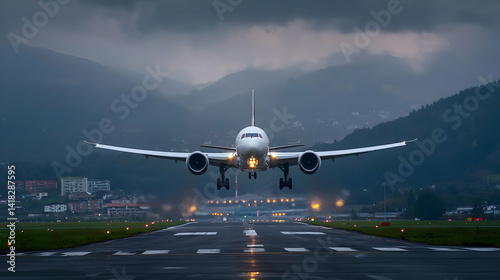 Large Airplane Landing At Airport In Dark Stormy Weather