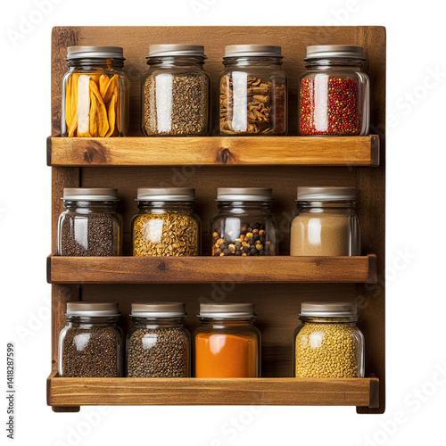 Wall-mounted spice rack shelf. Isolated white background. Png format