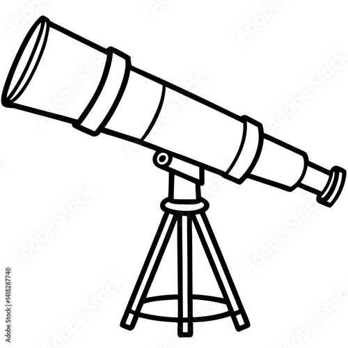 Telescope: A simple line art illustration of a classic telescope with a three-legged stand, ideal for science, astronomy, exploration, and educational projects.