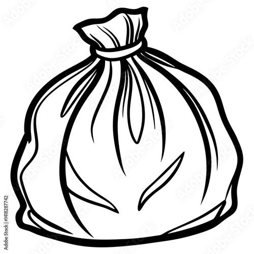 Garbage bag isolated: A detailed line drawing of a tightly sealed garbage bag. Symbolizing waste management and environmental issues.
