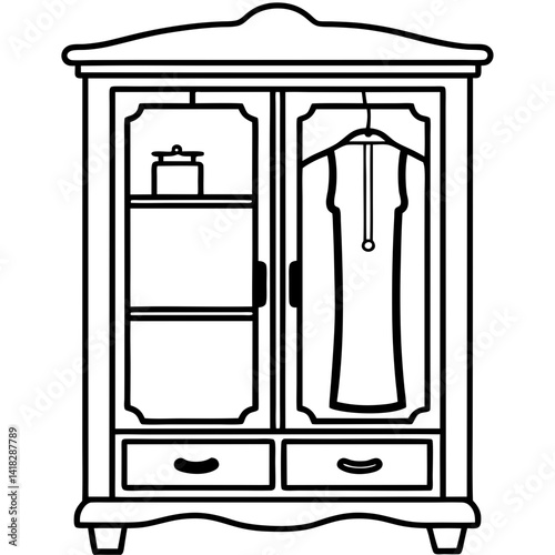 Classic Wardrobe: A timeless illustration of a vintage wardrobe, its doors revealing organized storage space, including a dress, shelves and drawers.