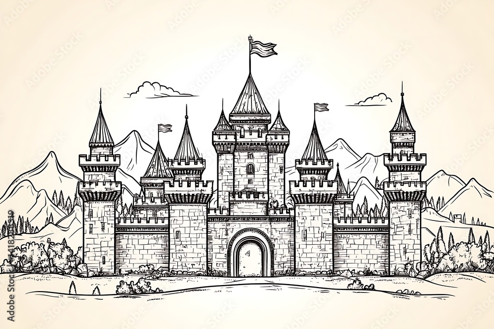 Obraz premium Majestic medieval castle drawing against a backdrop of mountains and forests.