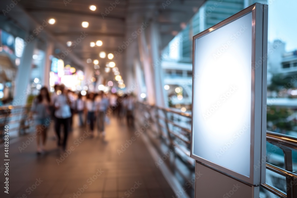 Blank Billboard Advertisement with Pedestrians Walking on an Overpass in City Blank Billboard Advertisement with Pedestrians Walking on an Overpass in City