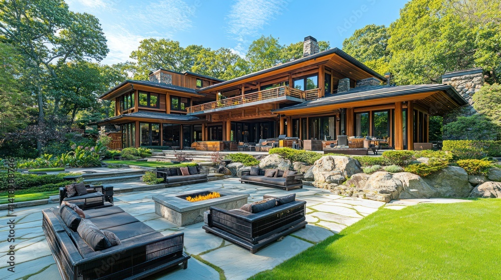 Obraz premium Luxurious modern Japanese-style home exterior with outdoor seating area and fire pit