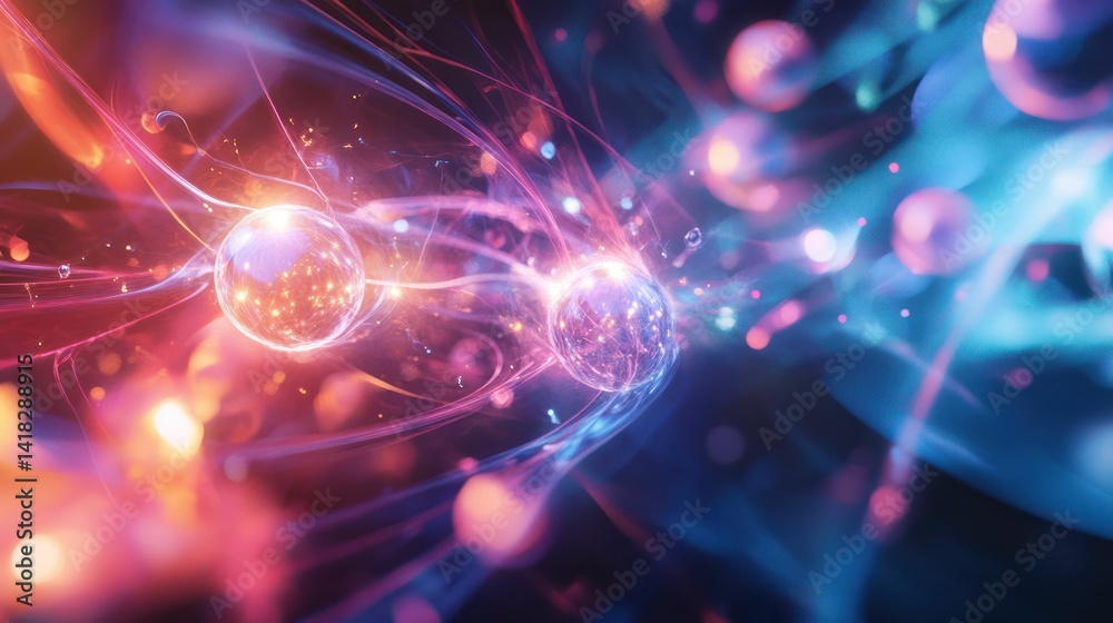 Fototapeta premium Abstract illustration featuring glowing spheres and flowing energy, vibrant hues.