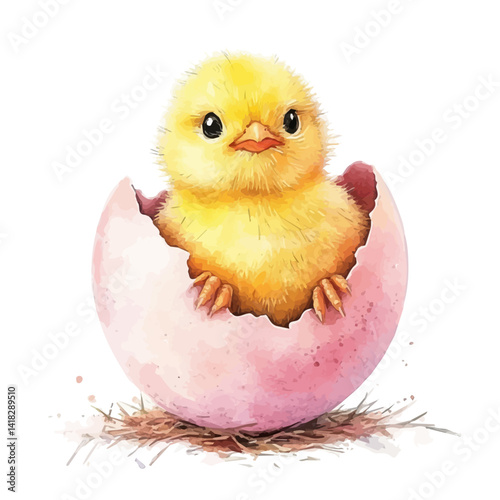 watercolor of Easter Chick Hatching From Egg, vector, isolated on a white background.