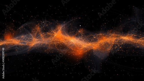 Detailed orange space network with stars against a black background.