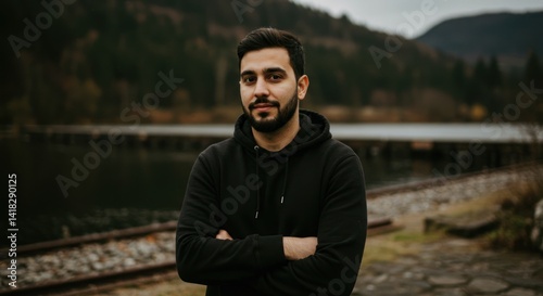 Fototapeta Naklejka Na Ścianę i Meble -  Man with crossed arms stands near a lake mountains trees and railroad tracks.