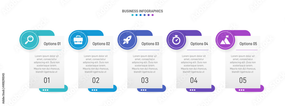 Horizontal progress bar featuring 5 arrow-shaped elements, symbolizing the five stages of business strategy and progression. Clean timeline infographic design template. Vector for presentation