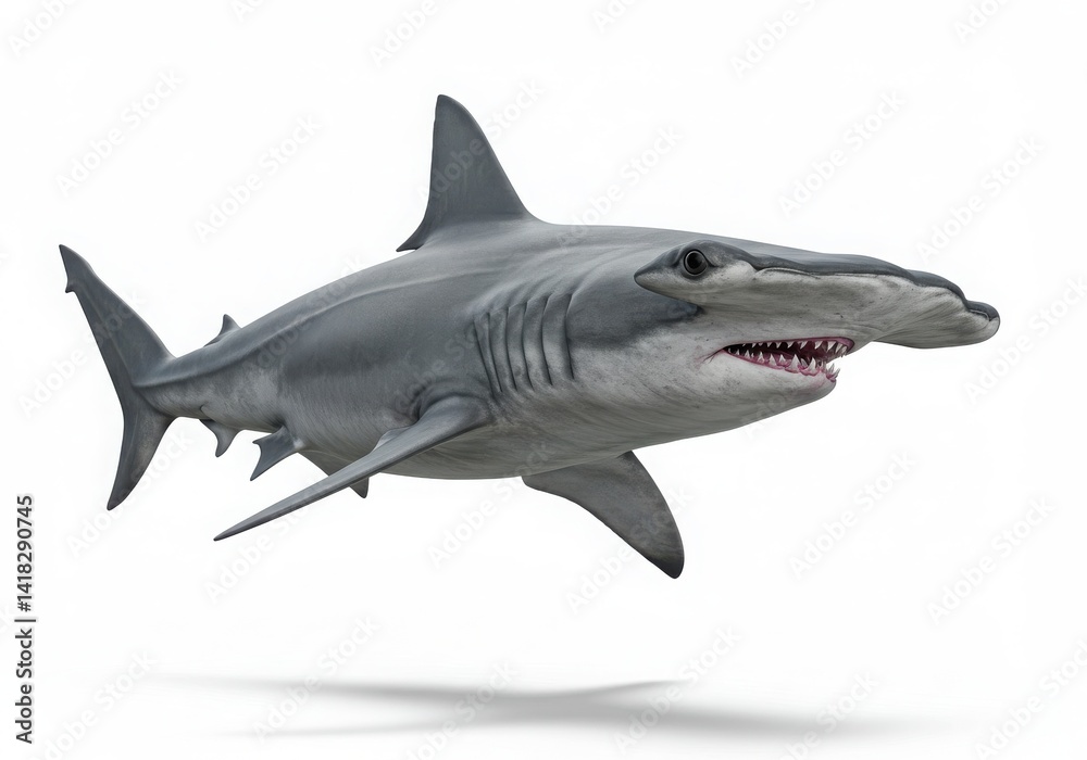Fototapeta premium A hammerhead shark swimming in front isolated on white background 