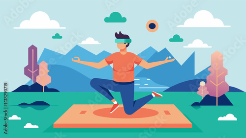 A man performs yoga poses on an AR fitness trail with floating instructions and a tranquil virtual landscape surrounding him.. Vector illustration