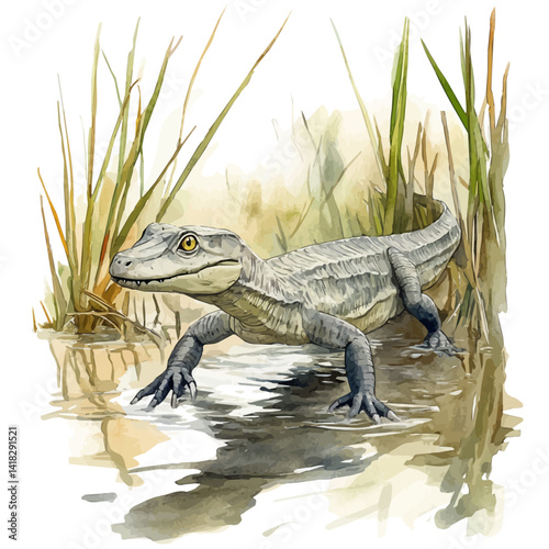 watercolor of Early Mammal-like Reptile Navigating A Swamp, vector, isolated on a white background.
