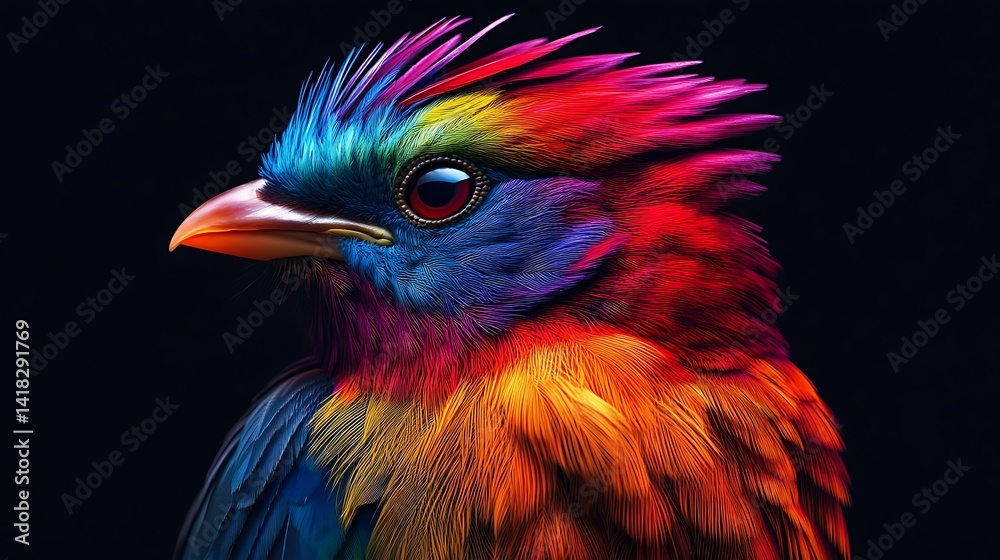 Fototapeta premium Exotic bird sitting quietly on branch with spring flowers high resolution picture