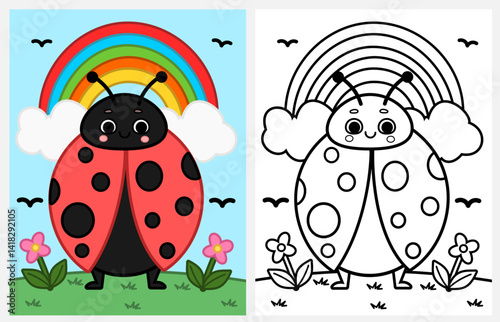 Cute cartoon ladybug and rainbow coloring page for kids, spring coloring page for kids