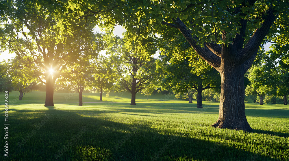 Obraz premium Sunlit Forest Landscape With Lush Trees