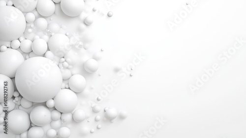 White spheres of various sizes cluster and scatter across a clean white background in a minimalist abstract 3D render with blank space.