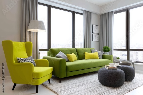 Modern Green Living Room with Yellow Accent Chair - Stylish modern living room featuring a green sofa, yellow wingback chair, grey poufs, and large windows offering natural light. Represents comfort photo