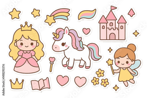 This set is a cute fairy tale designed for girls, featuring a magic girly collection with a princess and unicorn, and a kawaii fantasy sticker bundle