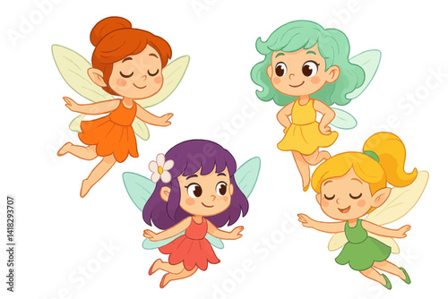 A gathering of small fairies, mythical beings from a fairy tale, illustrated as cartoon girls with vibrant hair and wings, suitable for a children's book, sticker, print, or postcard