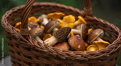 Freshly picked mushrooms in a wicker basket on a natural background  