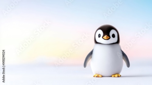 Cute 3D rendered baby penguin figurine standing on a white surface against a soft pastel gradient background.