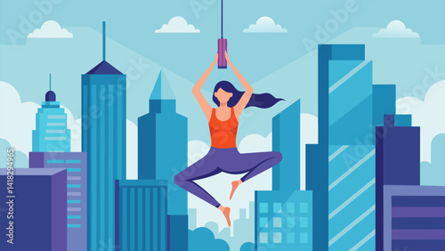 A yogi suspended midair virtually transported to a bustling cityscape practicing aerial yoga poses amidst virtual skyscrs.. Vector illustration