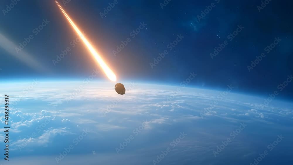 Fiery meteor with glowing trail descending through blue atmosphere near cloud layer. Dramatic space scene with asteroid approaching planetary surface. Aerial perspective showing atmospheric layers.