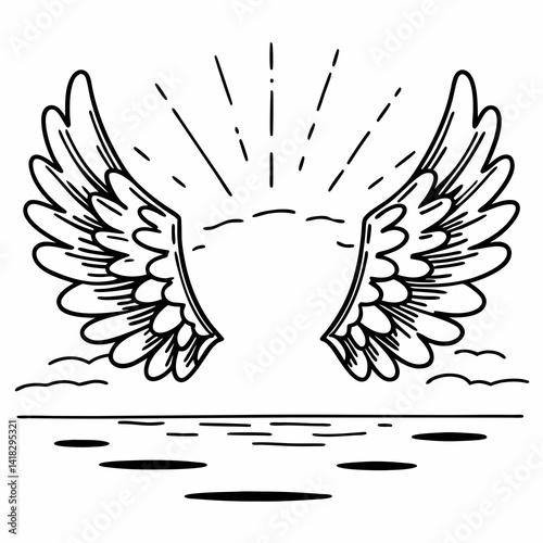 Soft feathered angel wings glowing with divine light over a peaceful ocean