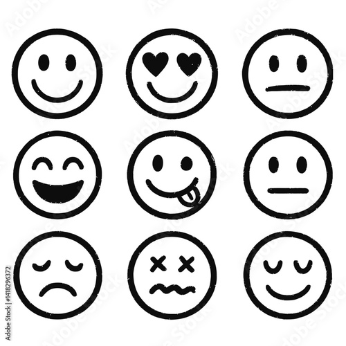 Minimalist black and white vector set of nine line art emojis expressing various emotions: happy, in love, neutral, laughing, playful, straight face, sad, dizzy, and sleeping. Represents basic digital