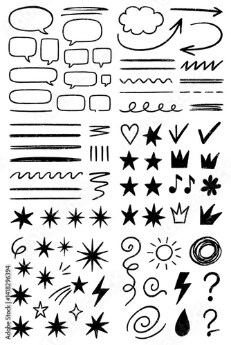 Vector set of various hand-drawn black chalk elements, including speech bubbles, thought clouds, arrows, underlines, wavy lines, dashes, swirls, hearts, stars, checkmarks, crowns, musical notes, sun, 