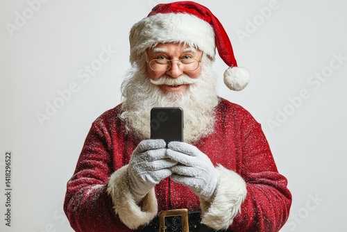 santa claus holding a mobile phone on white background