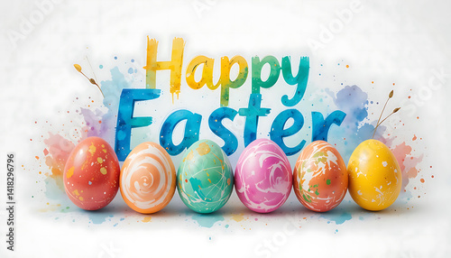 Colorful Watercolor Happy Easter text and colorful Easter eggs. for Easter cards, social media, greeting card, poster, brochure flyer. Rainbow lettering. Easter greetings.