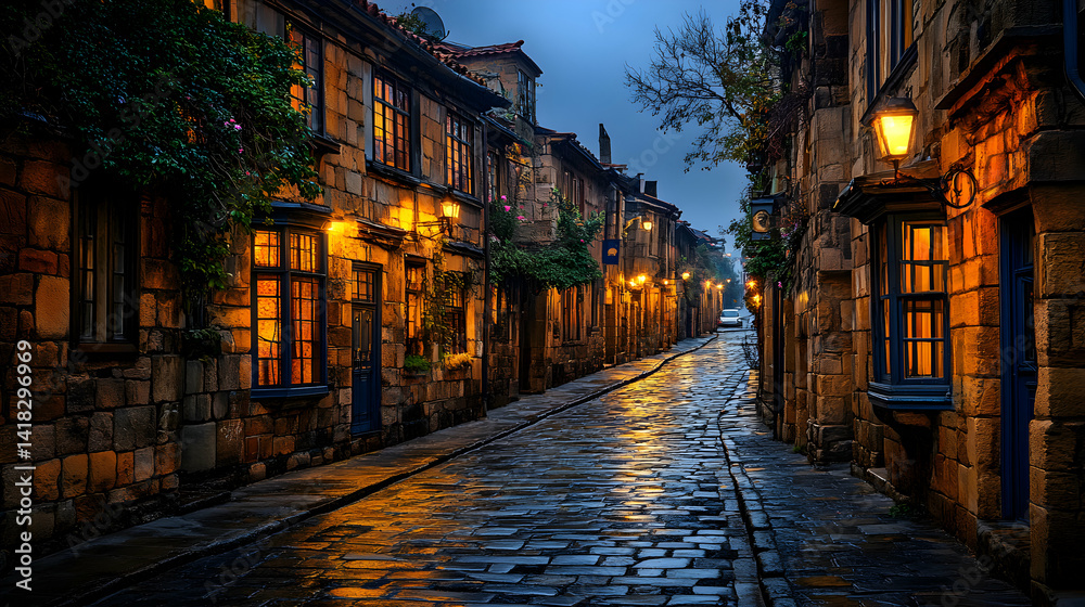 Fototapeta premium Enchanting cobblestone street at twilight, illuminated by warm lamplight reflecting on wet stones, showcasing charming historic buildings.