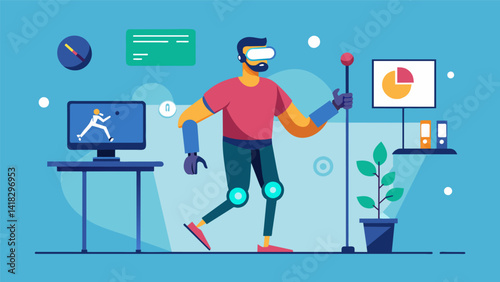 A VR rehabilitation program for individuals with amputations using simulation to help with adjusting to prosthetics and relearning everyday tasks.. Vector illustration