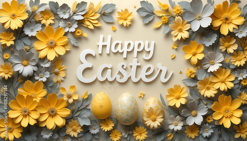 Happy Easter with Yellow Floral Decorations and Eggs. whtie Happy Easter text. Easter greetings. idea for Easter cards, social media, greeting card, poster, brochure flyer. yellow background