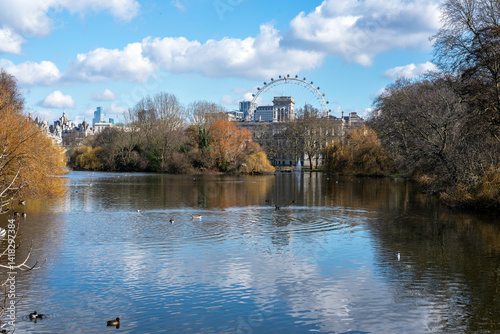 Lake Reflections in St. James’s Park with the London Eye and the City Skyline in the Background