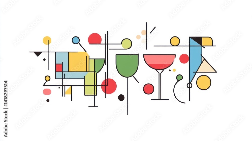 Abstract Geometric Composition with Colorful Shapes and Cocktail Glasses Abstract Geometric Composition with Colorful Shapes and Cocktail Glasses