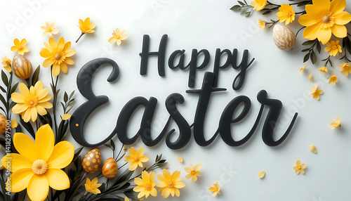 Happy Easter with yellow Floral Decorations and Eggs. whtie Happy Easter text. Easter greetings. idea for Easter cards, social media, greeting card, poster, brochure flyer. yellow background