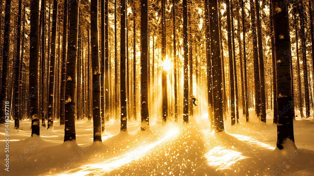 Obraz premium A lone snowboarder carves through a dense, snow-laden forest, weaving between towering pine trees blanketed in fresh powder