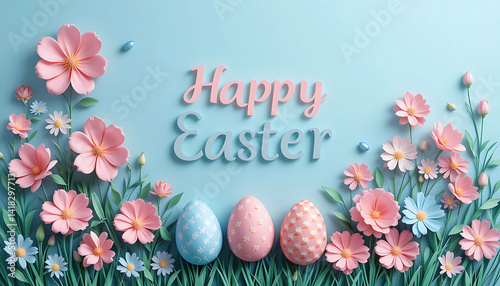 Happy Easter with pink Floral Decorations and pastel Eggs. whtie Happy Easter text. Easter greetings. idea for Easter cards, social media, greeting card, poster, brochure flyer. blue background