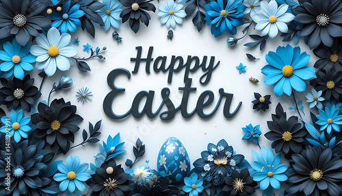 Happy Easter with blue Floral Decorations and Eggs. whtie Happy Easter text. Easter greetings. idea for Easter cards, social media, greeting card, poster, brochure flyer. blue background