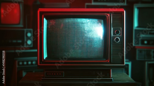 A vintage television with a distorted screen and red and blue lighting.