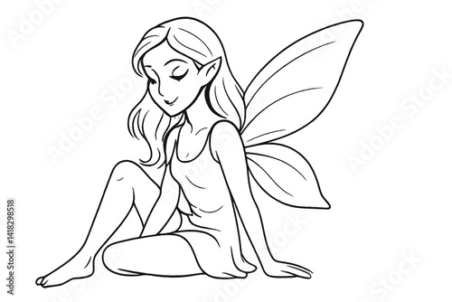 The illustration features a beautiful young fairy sitting in a black and white vector drawing with a hand-drawn outline doodle sketch style
