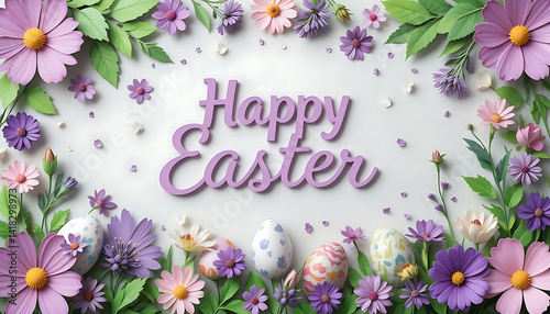 Happy Easter with purple Floral Decorations and Eggs. whtie Happy Easter text. Easter greetings. idea for Easter cards, social media, greeting card, poster, brochure flyer. purple background