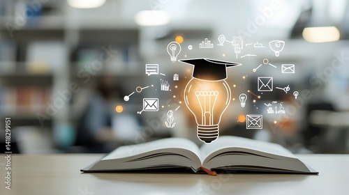 A glowing lightbulb symbolizing ideas and innovation rests on an open book with a graduation cap