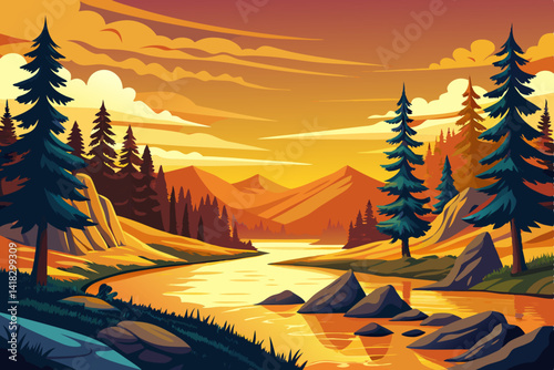 Pine trees and river silhouettes cartoon. yellow and orange coniferous forest silhouette, nature spruce tree park view vector illustration