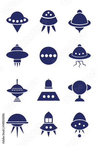 Collection of stylized UFO spacecraft icons, vector design