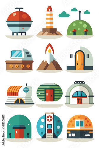 Futuristic Buildings Set in Flat Design, Cartoon Style