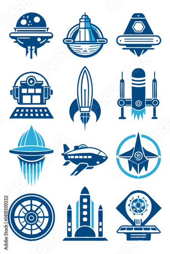 Collection of blue futuristic space exploration icons design element